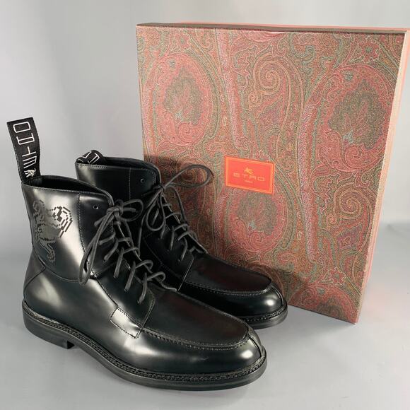 ETRO Size 12 Black Leather Pixel Art Lace-Up Boots main image 10